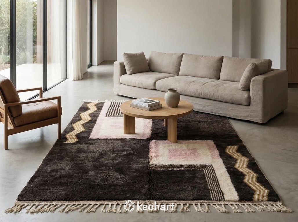Minimalist dining room featuring a large, made-to-order geometric Moroccan rug in muted earth tones, defining the dining space.