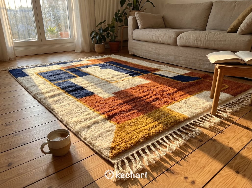 Custom Beni Ourain Rug - Made to Order Moroccan Wool with Rust & Navy Geometrics
