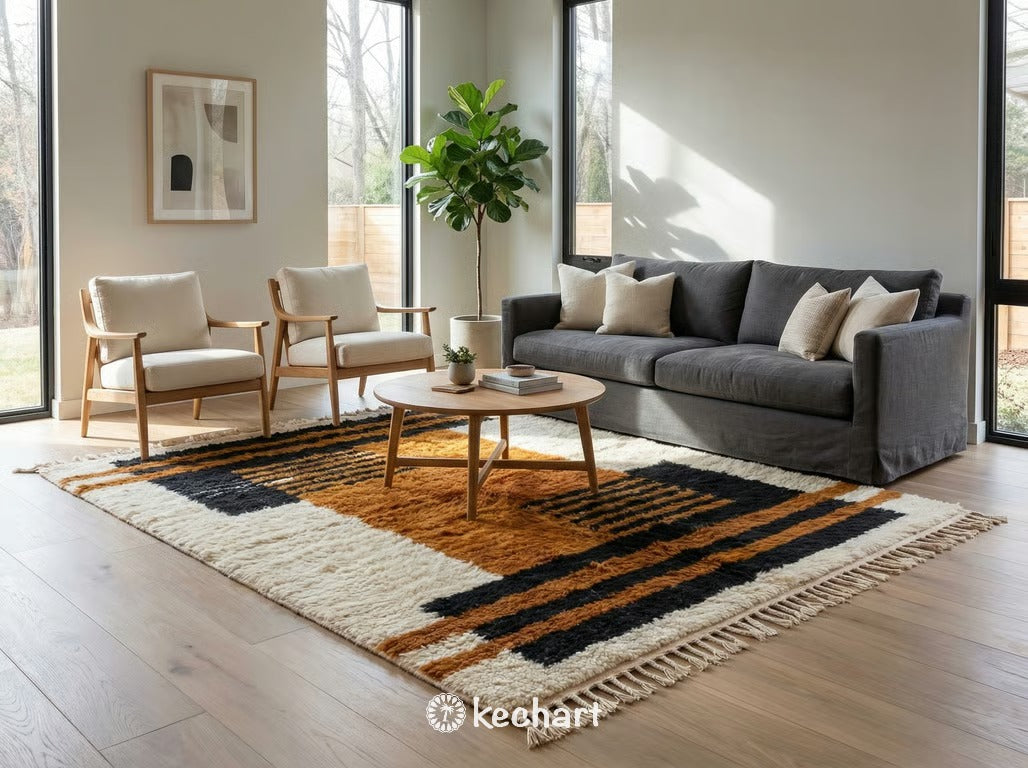 Plush custom Moroccan Beni Ourain area rug in earthy tones anchoring a bohemian living room with a neutral linen sofa and wooden coffee table.