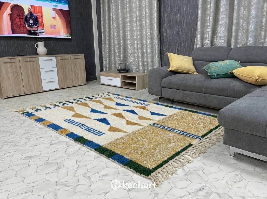 Custom Beni Ourain Rug - Made to Order Moroccan Blue & Gold Geometric Wool