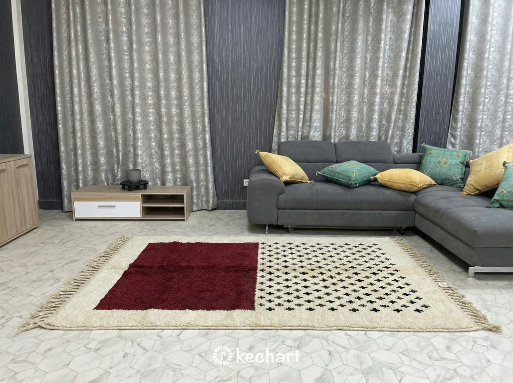 Custom Made Beni Ourain Rug - Oxblood Red & Beige Geometric Moroccan Wool