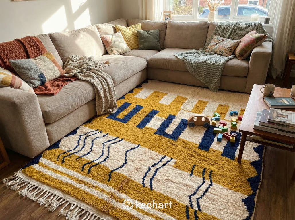 Custom Made-to-Order Beni Ourain Rug – Plush Moroccan Wool, Rust & Navy Diamonds