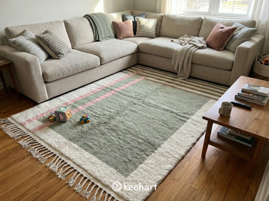 Custom Size Beni Ourain Rug - Handwoven Moroccan Wool Area Rug, Sage & Pink