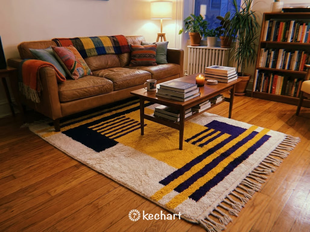 Custom Beni Ourain Rug - Handwoven Wool, Night Sky & Sunflower Diamonds