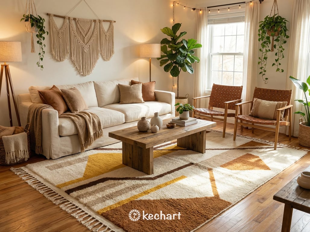 Large custom-sized bohemian Moroccan area rug in warm terracotta and beige tones anchoring a modern living room with a neutral linen sofa and rustic wooden coffee table.