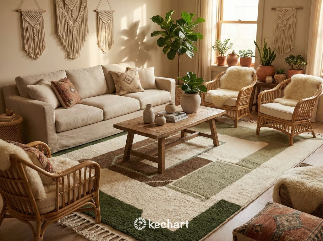 Plush shaggy Beni Ourain wool rug in a serene master bedroom setting, positioned partially under a large bed, adding warmth and organic texture to the space.