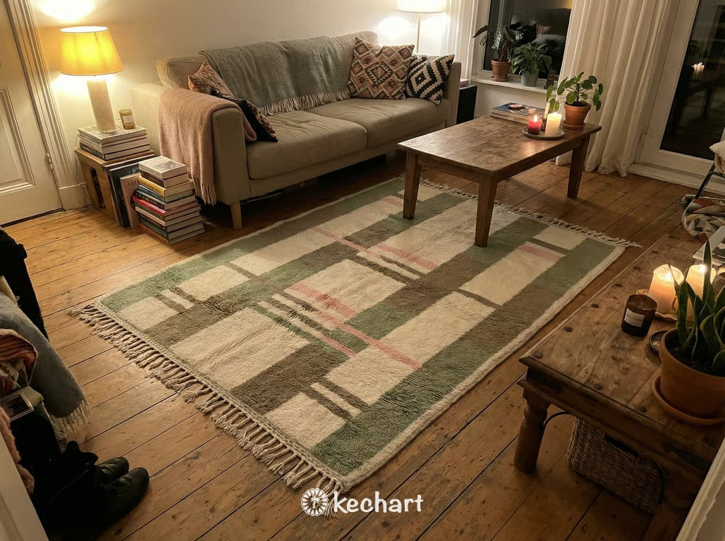 Custom Beni Ourain Rug - Handmade Moroccan Wool in Sage Green, Pink & White