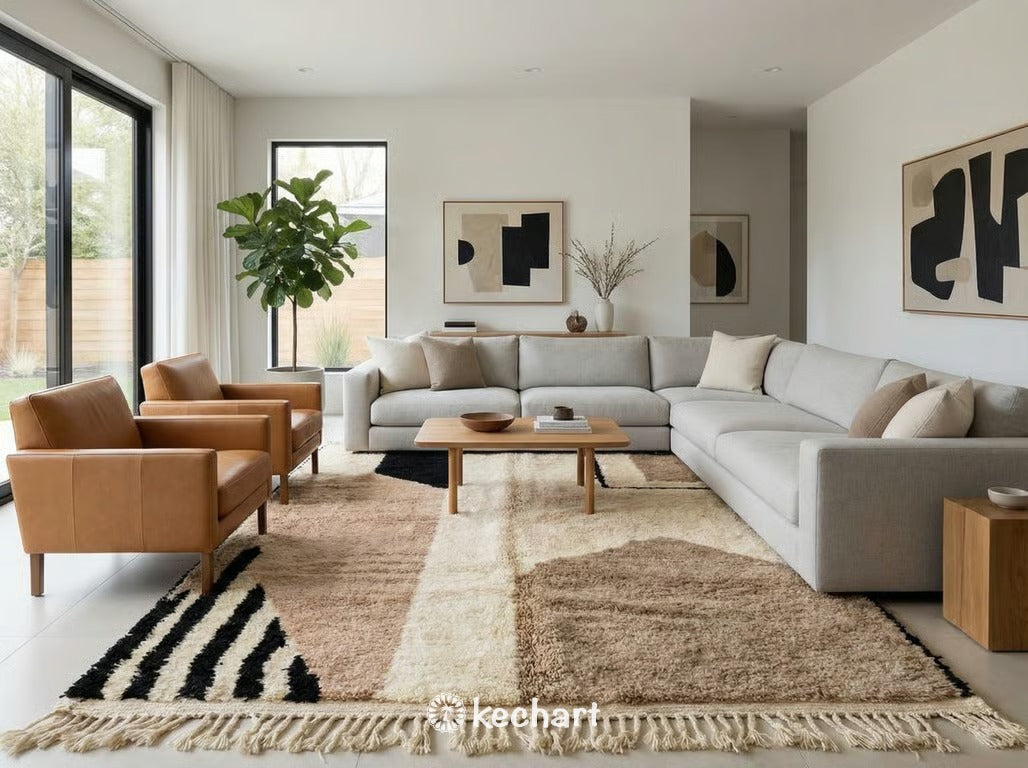 Large custom Beni Ourain area rug anchoring a minimalist living room with a linen sofa and wood coffee table, showcasing the cozy shaggy texture.