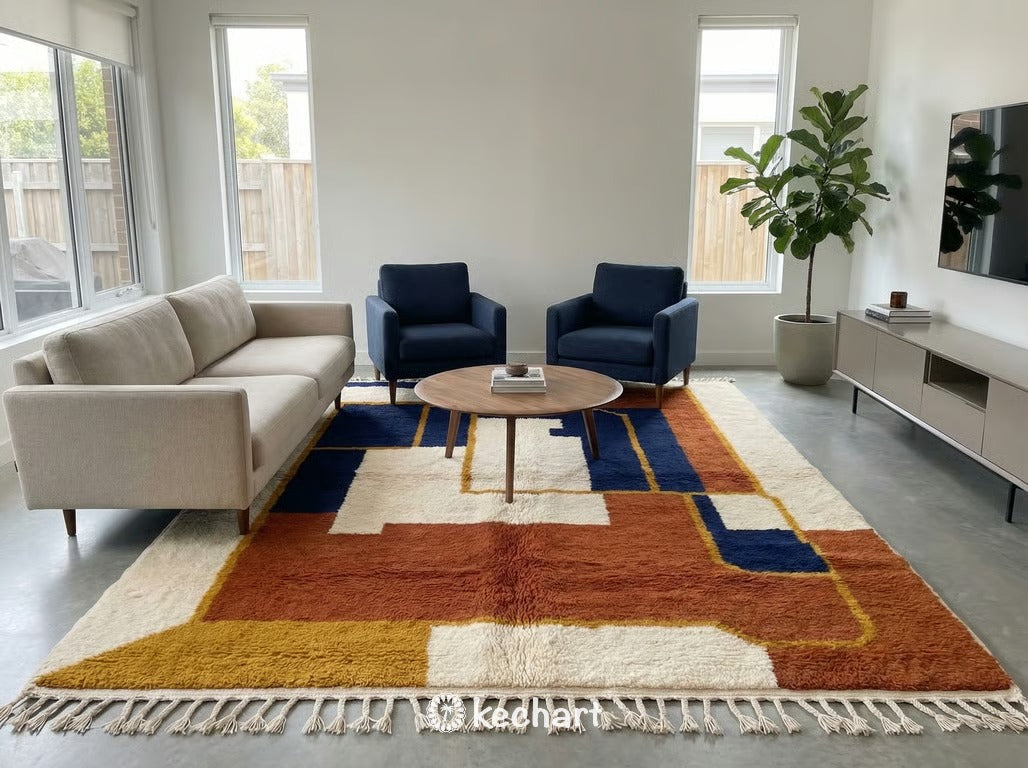 Modern bohemian living room featuring a large, custom-made Moroccan Beni Ourain shag rug in rust and blue tones anchored under a linen sofa.