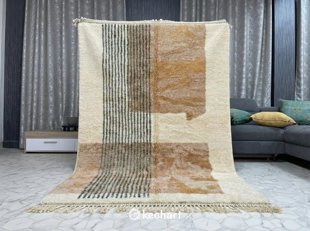 Close up detail shot of hand-knotted Moroccan rug pile showing thick wool yarn, earthy color variations, and artisan craftsmanship.