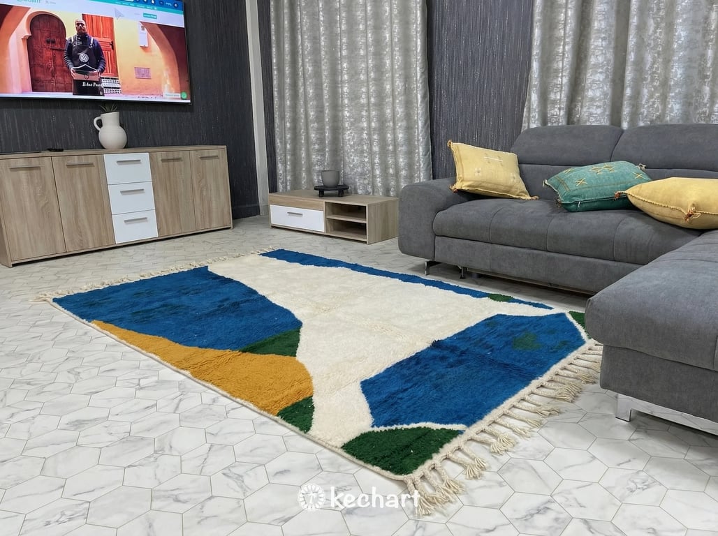 Custom Beni Ourain Moroccan Rug - Handwoven Wool in Blue, Gold & Green