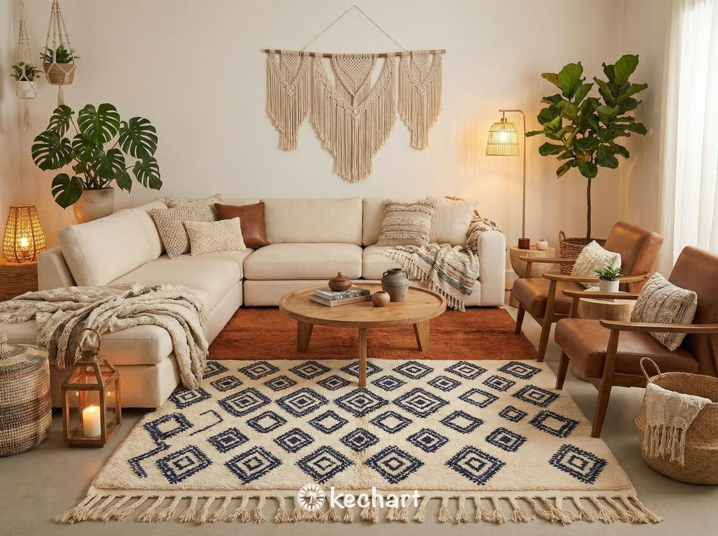 Plush shaggy Beni Ourain wool rug placed under a king-size bed in a cozy master bedroom retreat, adding texture and warmth with its geometric rust and blue design.