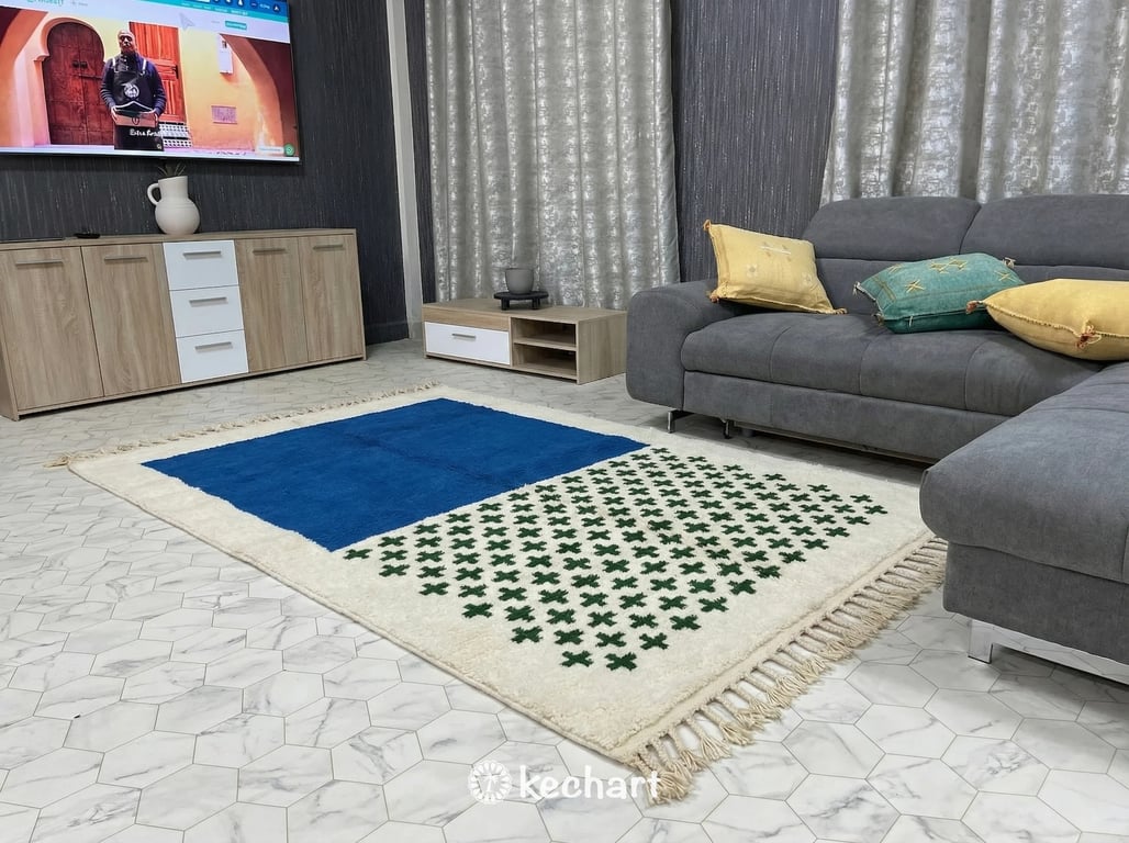 Custom Beni Ourain Rug - Made to Order Moroccan Wool in Blue, Green & Soft White