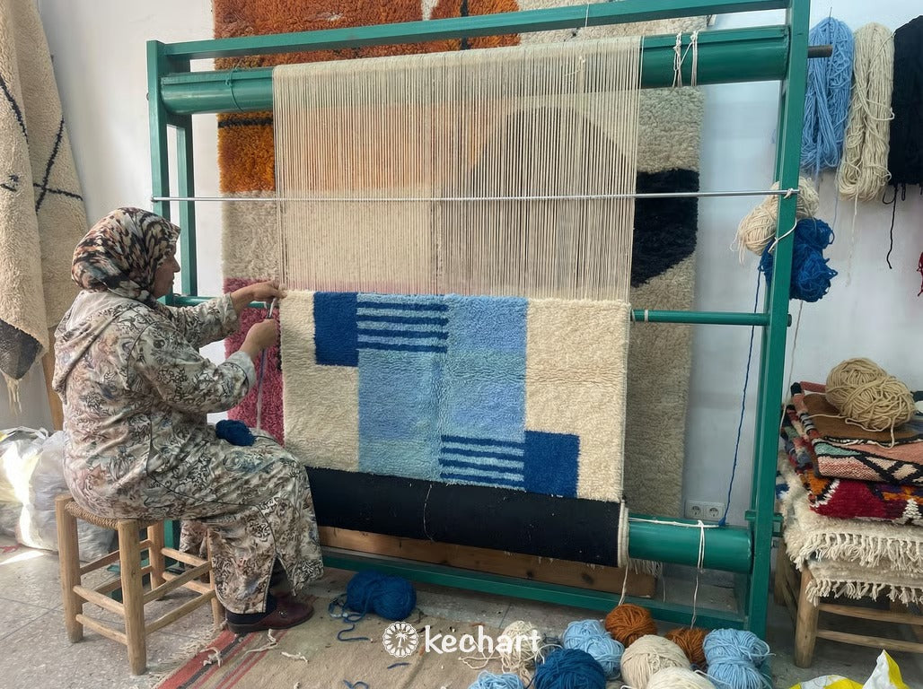 Custom Beni Ourain Rug - Handwoven Cream & Blue Wool - Made to Order