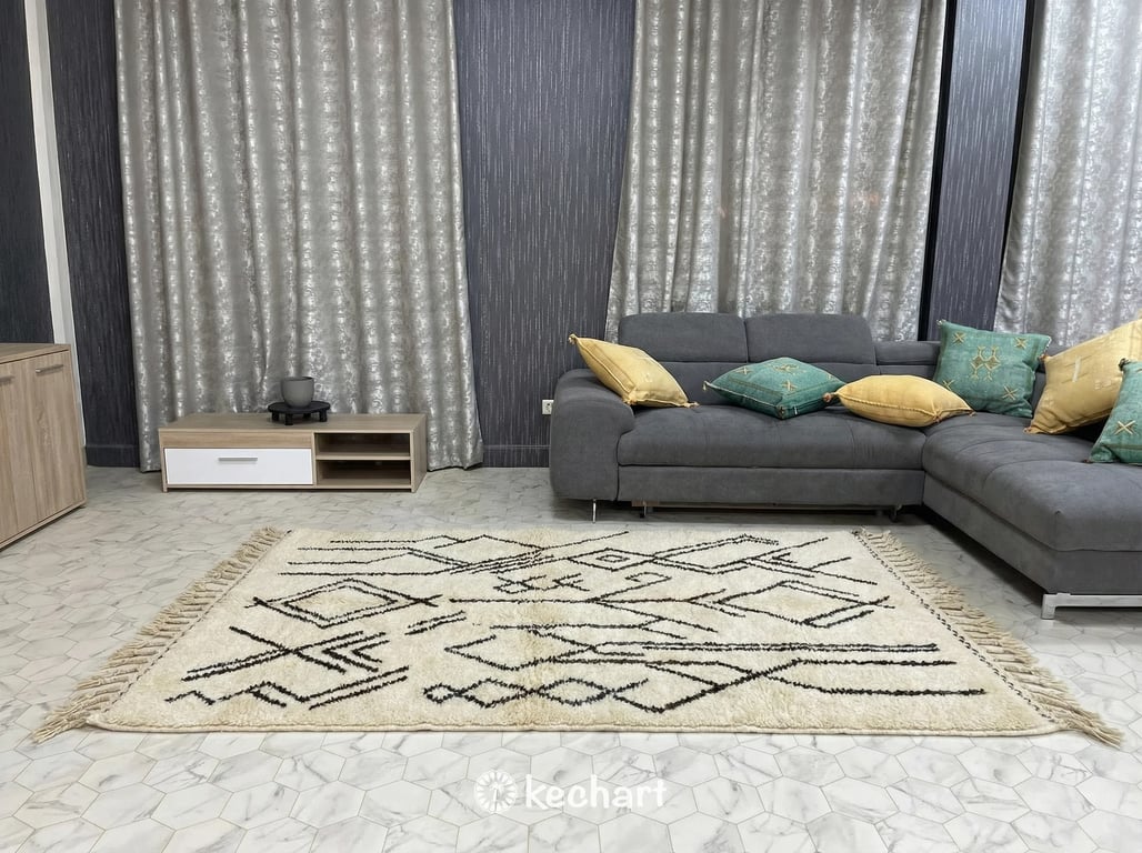 Contemporary home office featuring a bespoke Beni Ourain rug contrasting against dark hardwood floors and modern mid-century furniture.