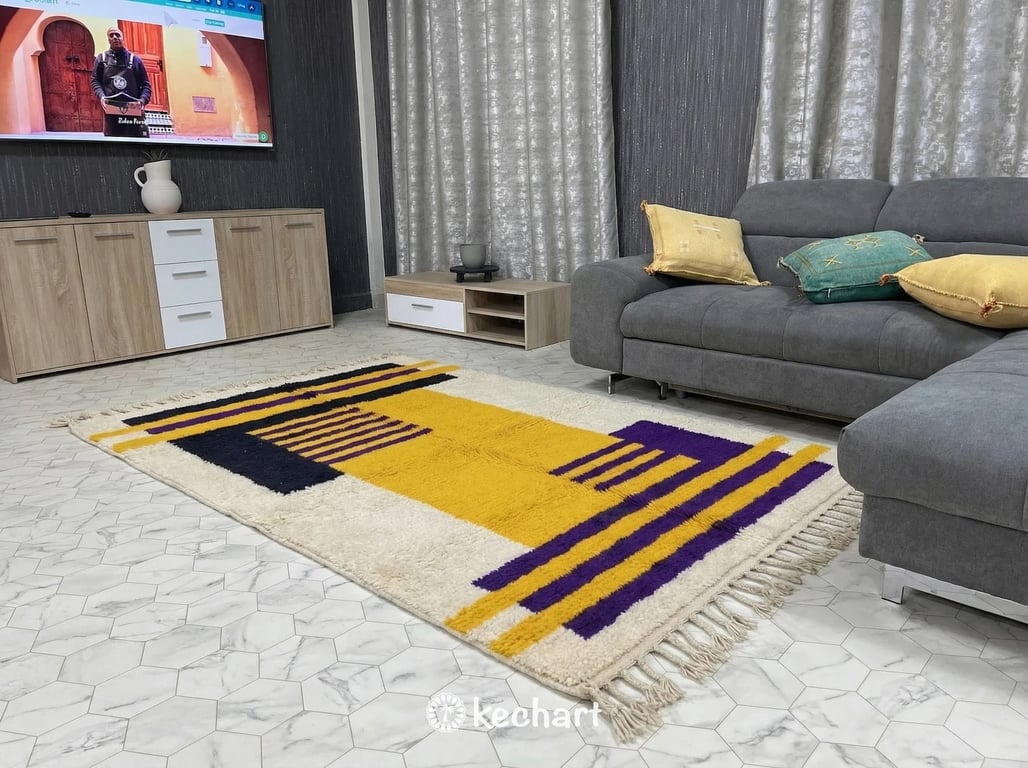 Custom Beni Ourain Rug - Handwoven Wool, Night Sky & Sunflower Diamonds