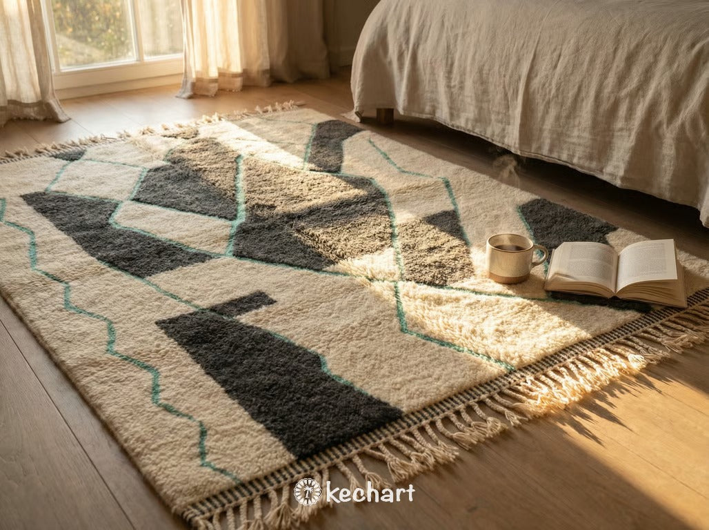 Custom Beni Ourain Rug - Handwoven Moroccan Wool in Cream, Charcoal & Mint