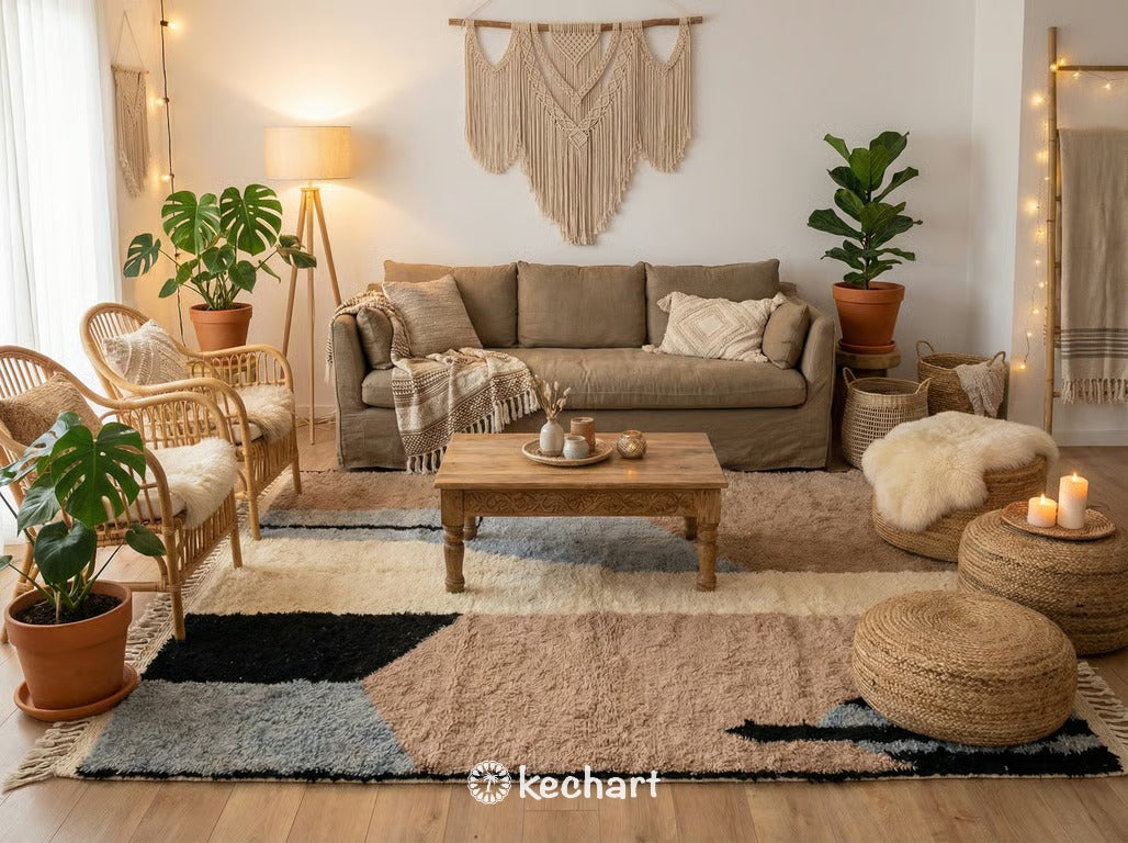 Large custom Beni Ourain area rug anchoring a modern bohemian living room, placed under a linen sofa and reclaimed wood coffee table showing the sand and muted color palette.