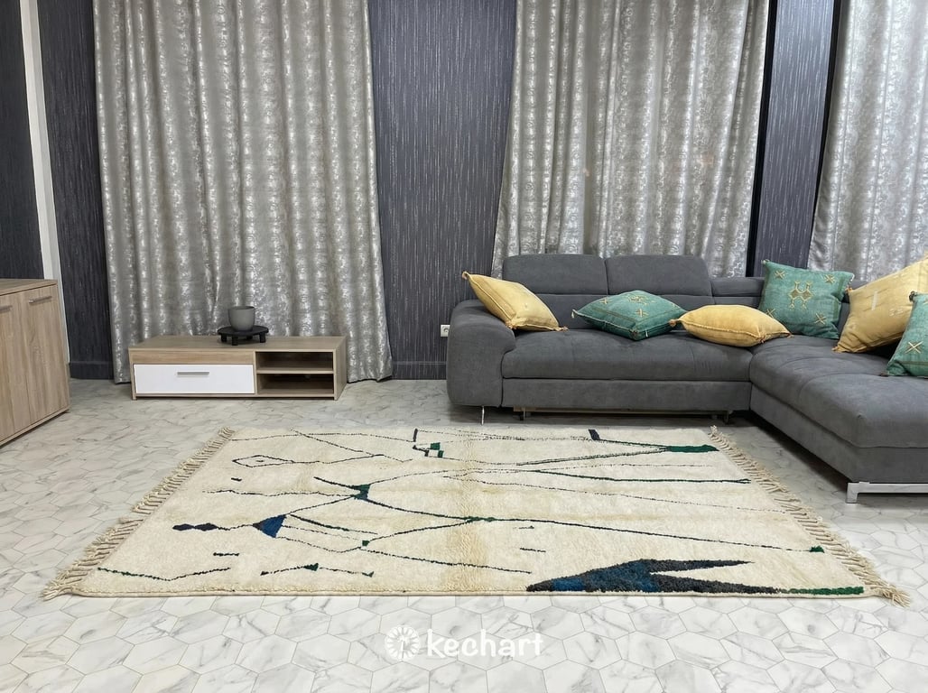 Custom Beni Ourain Rug - Handwoven Moroccan Wool, Cream & Sapphire Blue