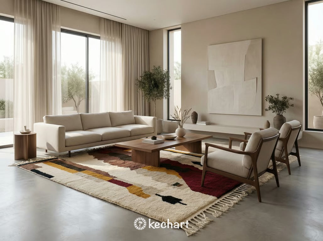Handwoven custom Moroccan area rug with rich geometric earth tones grounding a contemporary living room with a neutral linen sofa and wooden coffee table.