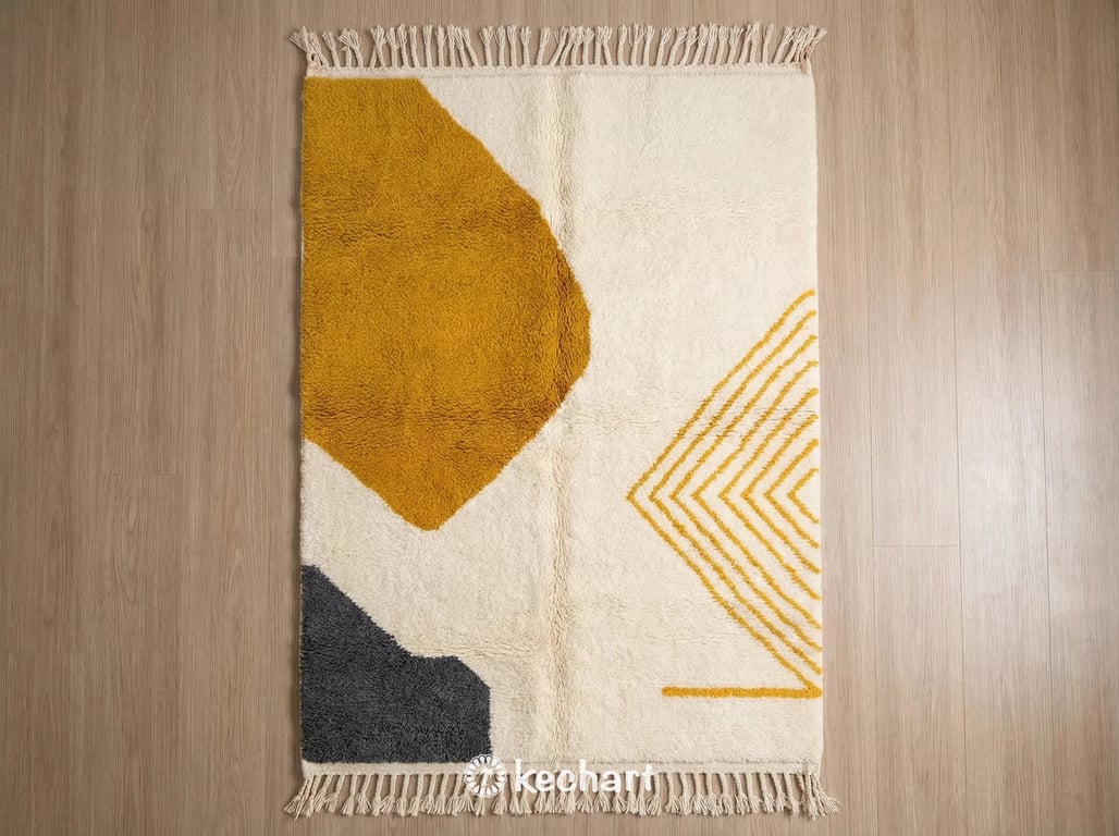 Custom Size Beni Ourain Moroccan Rug flat lay showing plush natural cream wool texture with geometric diamond patterns in curry yellow and saffron accents, finished with traditional fringe.