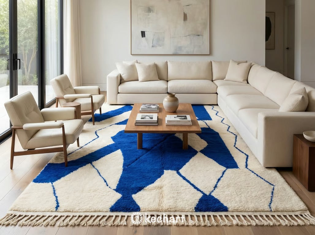 Custom size Beni Ourain rug in cream and blue anchoring a modern minimalist living room with a linen sofa and wooden coffee table.