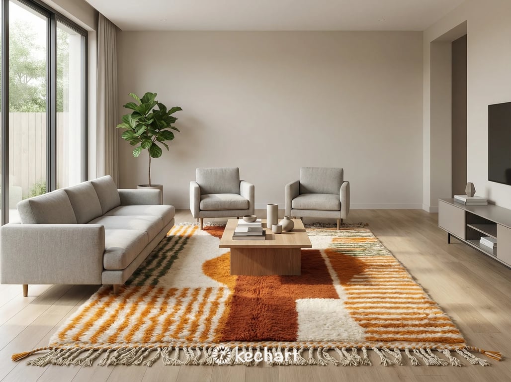 Large custom Beni Ourain shag rug placed under a king-size bed in a minimalist bedroom setting, adding deep pile warmth and texture to the space.