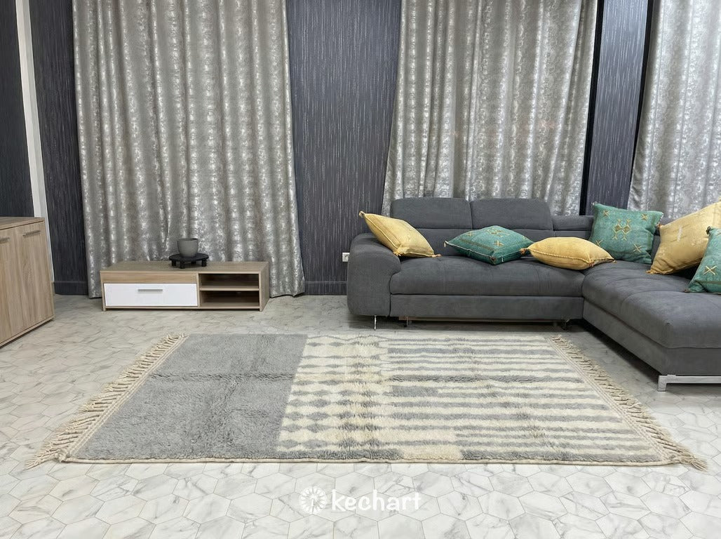 Custom Size Beni Ourain Rug - Handwoven Silver Grey Geometric Wool