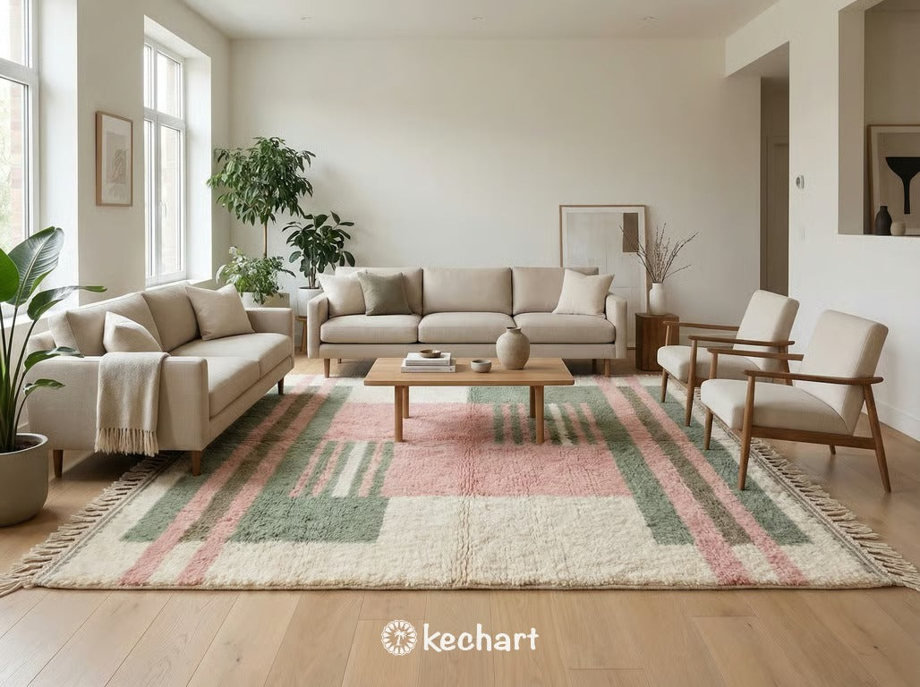 Plush made-to-order Beni Ourain area rug in soft sage and pink tones placed under a bed in a serene, bohemian style master bedroom.