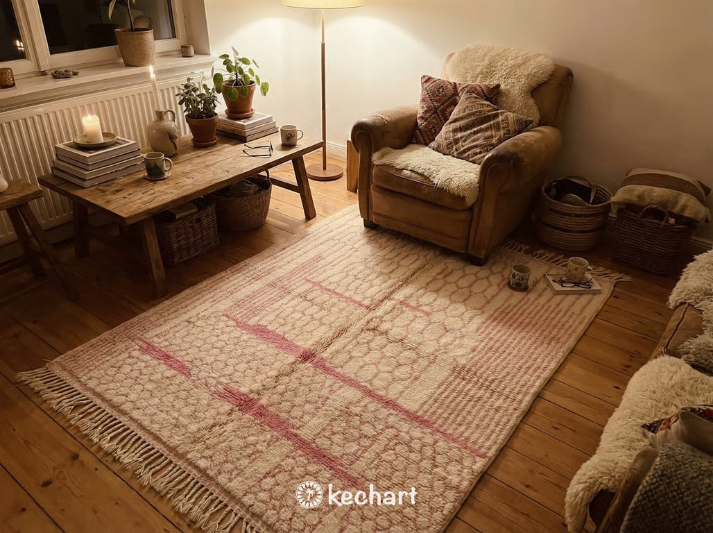 Custom Beni Ourain Rug - Made to Order Moroccan Wool with Pink Diamonds
