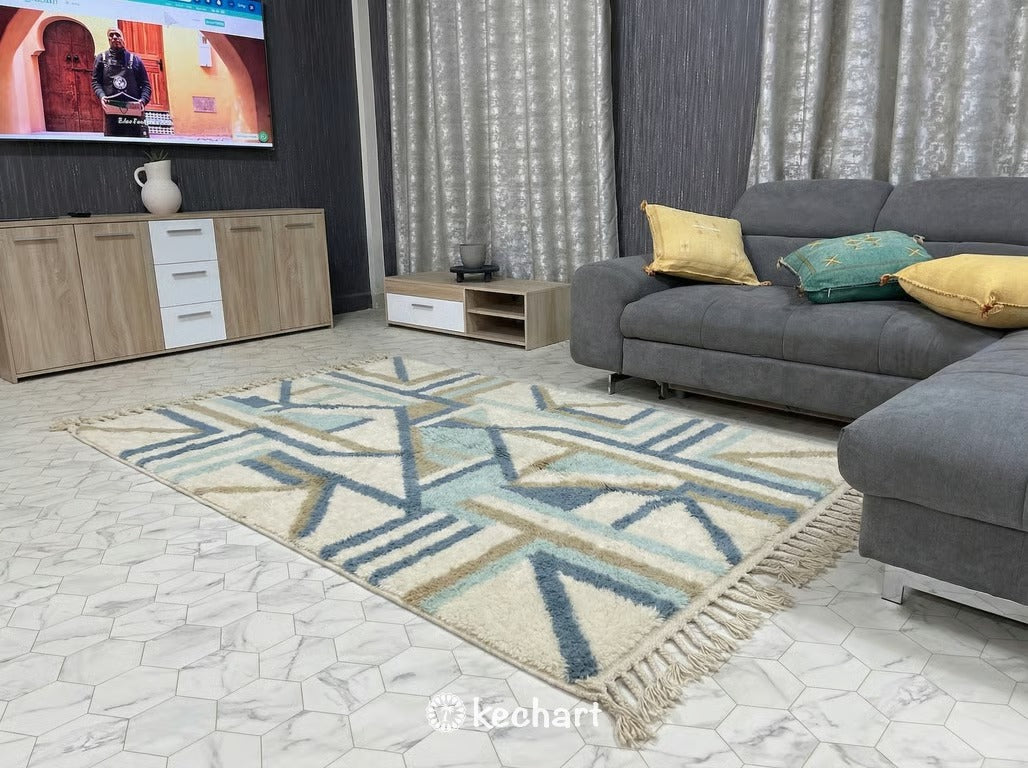 Custom Beni Ourain Moroccan Rug in Dusty Blue & Cream Wool - All Sizes Available