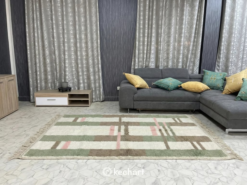 Custom Beni Ourain Rug - Handmade Moroccan Wool in Sage Green, Pink & White