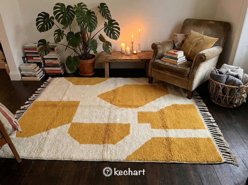 Custom Beni Ourain Rug - Handwoven Cream and Saffron Diamond Wool Rug