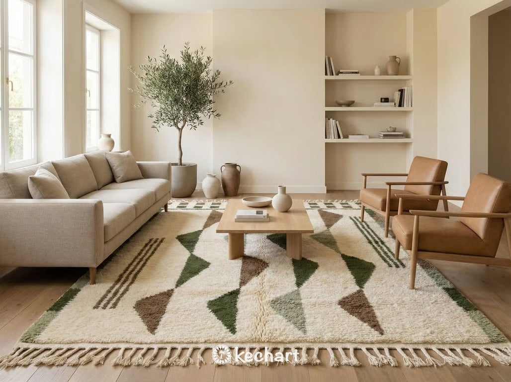 Bohemian bedroom featuring a large, made-to-order Beni Ourain wool rug in earth tones placed under a queen-sized bed.