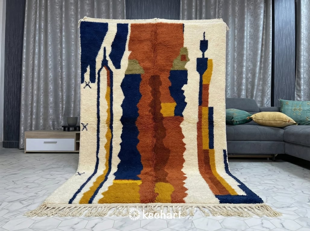 Modern minimalist space featuring a custom-sized geometric Moroccan wool rug in rust and navy tones contrasting against polished concrete floors.