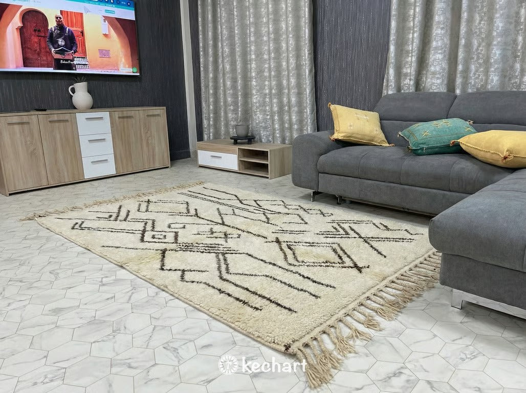 Custom Size Beni Ourain Rug - Handmade Moroccan Wool, Cream & Beige Diamond Pattern