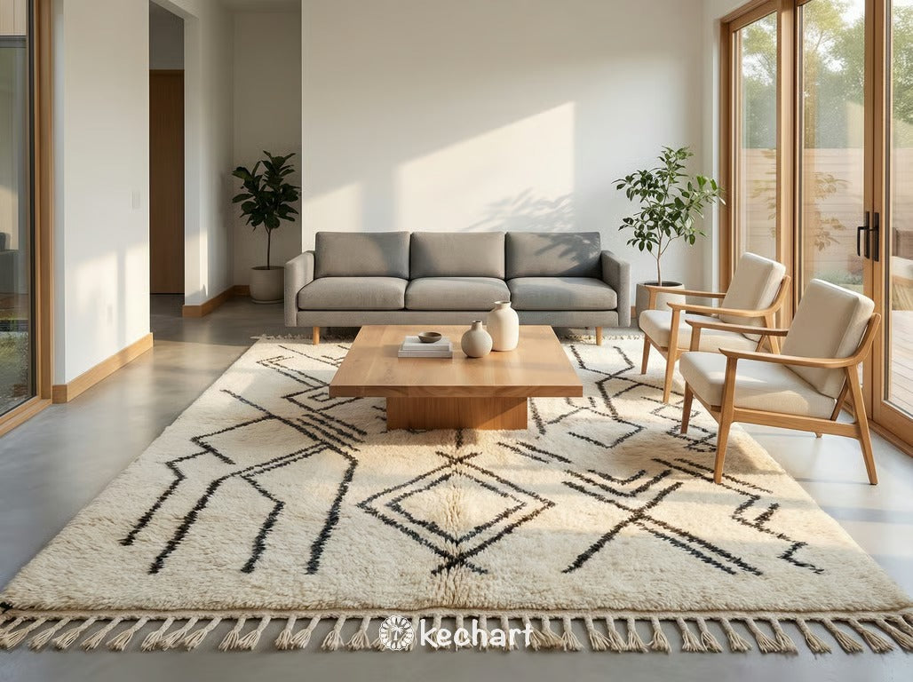 Plush Moroccan shag rug in warm cream and beige tones placed beneath a king-size bed in a bohemian style master bedroom, adding cozy texture.