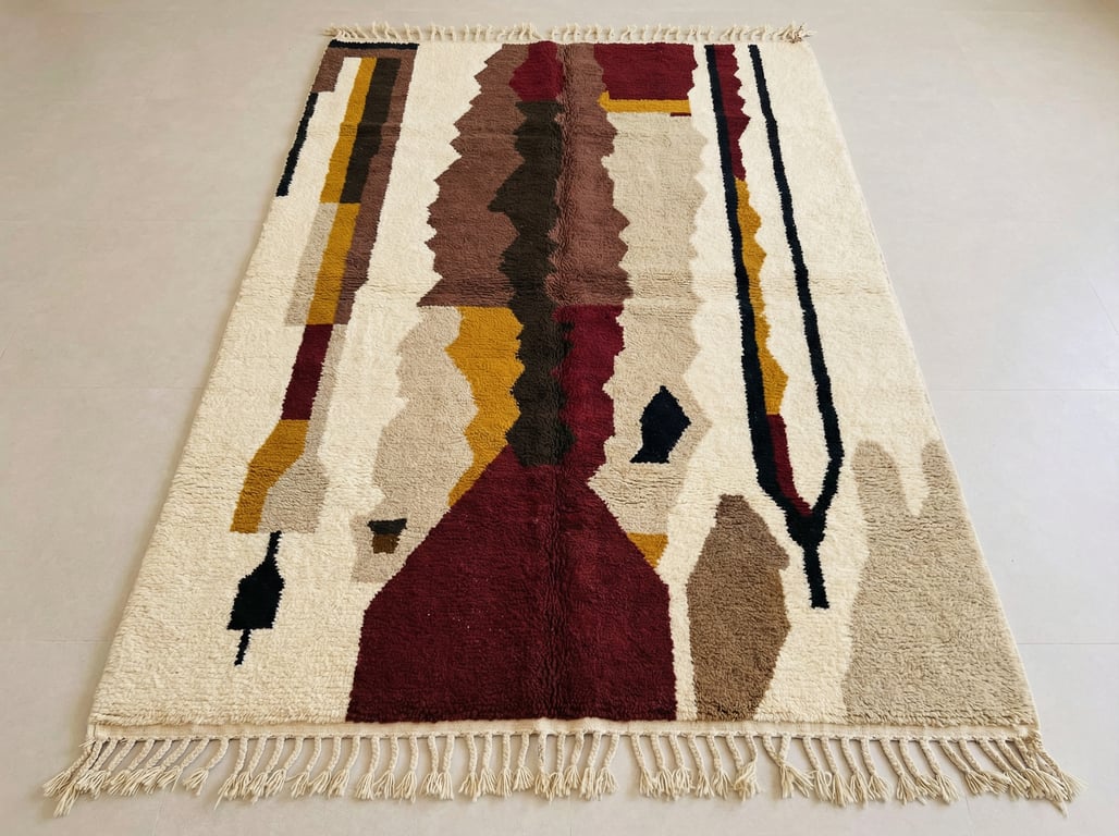 Custom made Beni Ourain style Moroccan wool rug featuring plush shag texture, traditional fringe, and geometric diamond pattern in rich Oxblood red, classic beige, dark earth, and pure black tones.