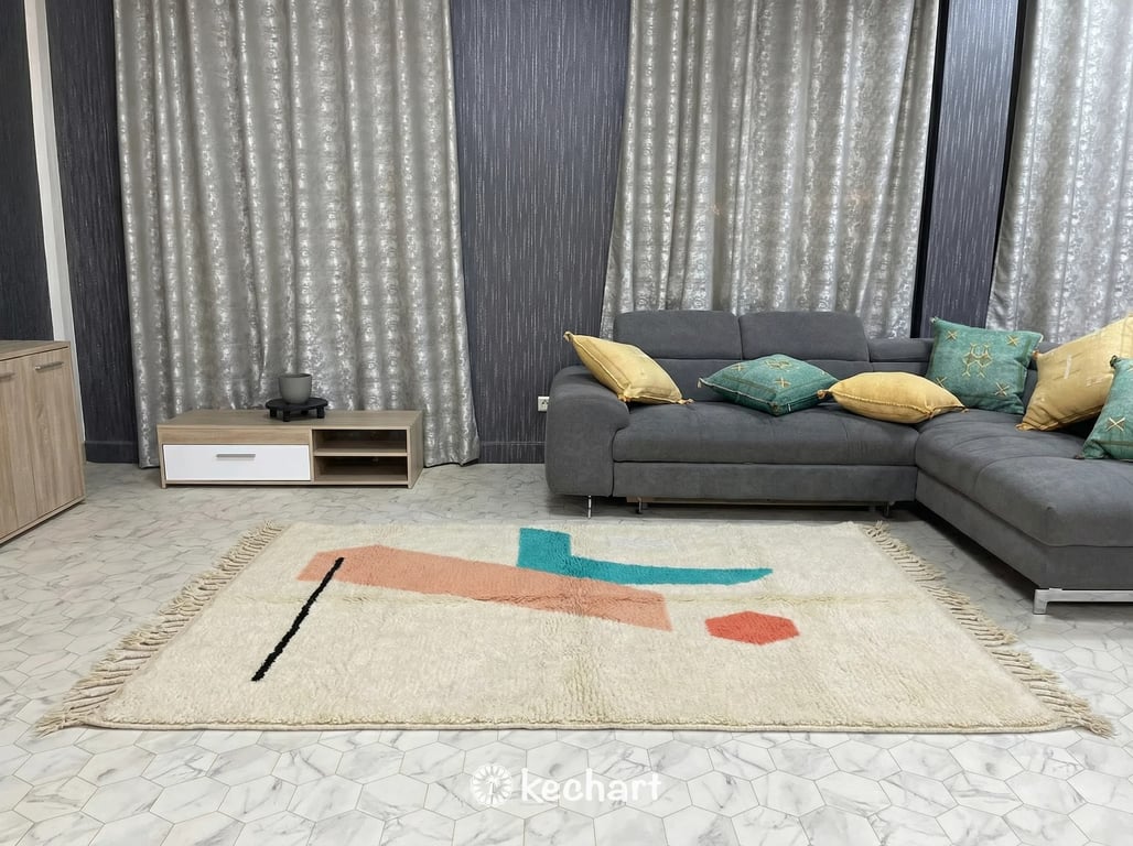 Custom Beni Ourain Rug - Made to Order Moroccan Wool with Coral & Turquoise Geometry