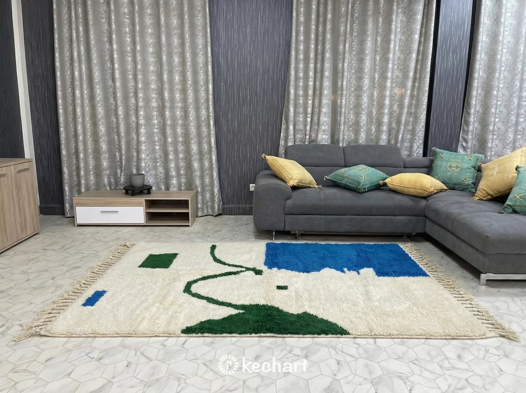 Custom Size Beni Ourain Rug - Handwoven Moroccan Wool in Cream, Blue & Green