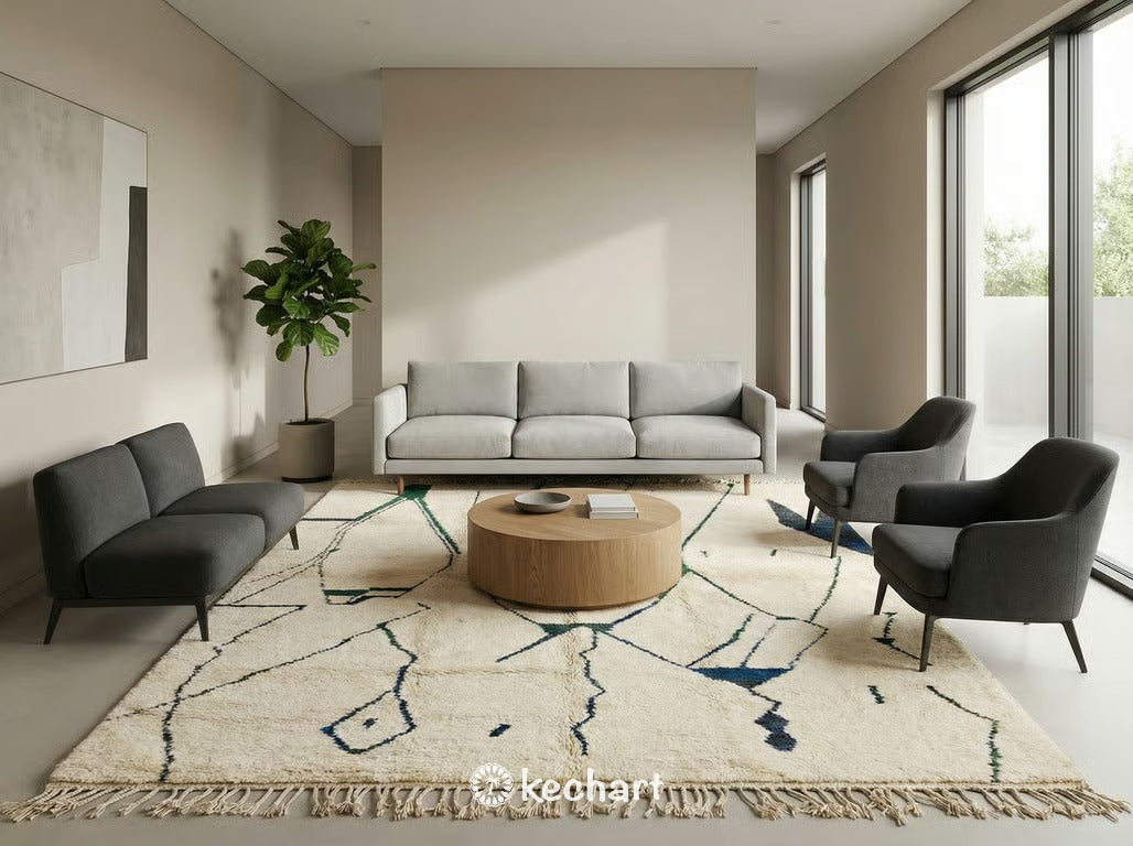 Plush Berber wool area rug placed beside a bed in a bohemian bedroom setting, showing the thick pile and geometric design.