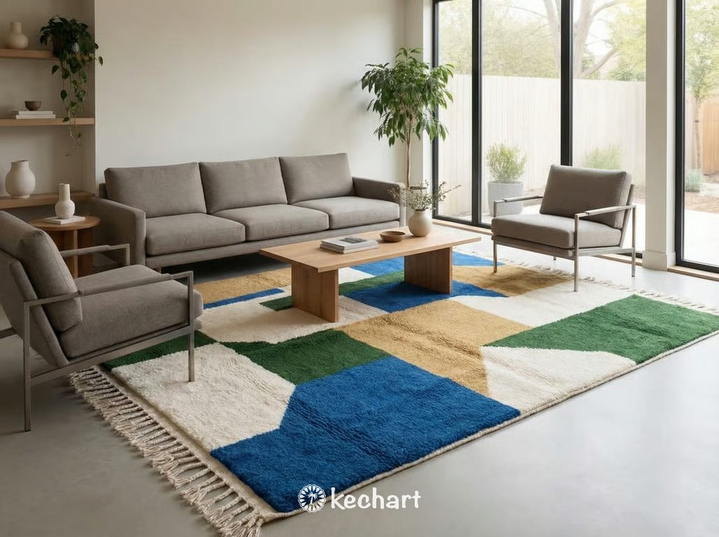 Bright nursery or home office featuring a smaller custom size Moroccan wool rug with vibrant geometric patterns, adding warmth to hardwood floors.