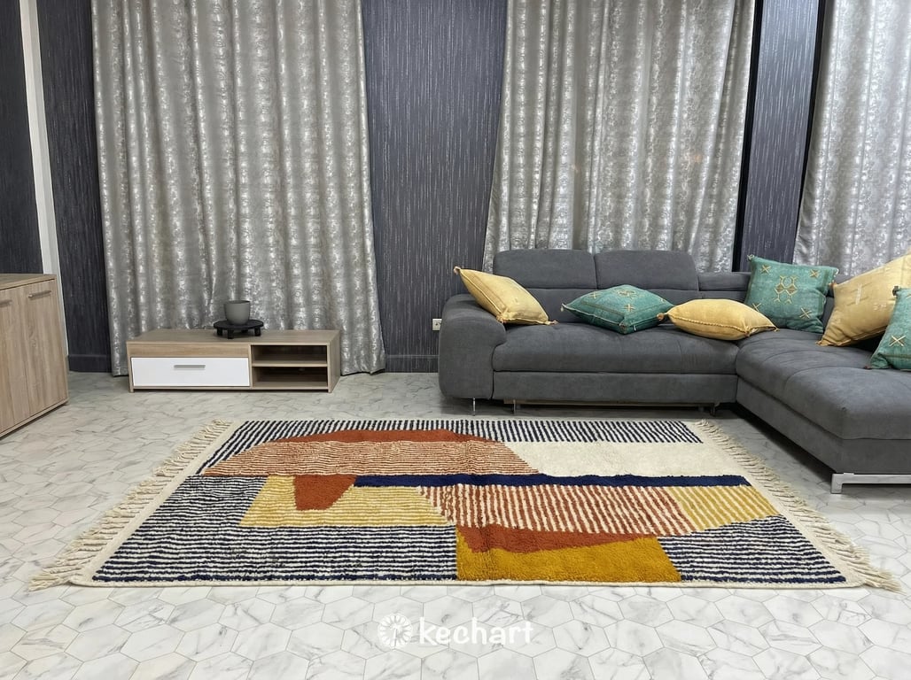 Custom Beni Ourain Rug - Made to Order Moroccan Wool Rust & Navy Diamonds