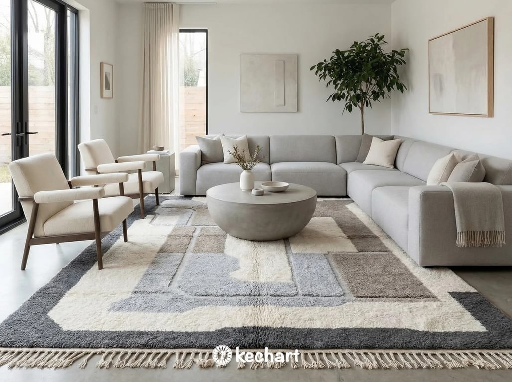 Luxury Moroccan wool rug in grey and white shag texture, anchoring a modern minimalist living room with a linen sofa and wooden coffee table.