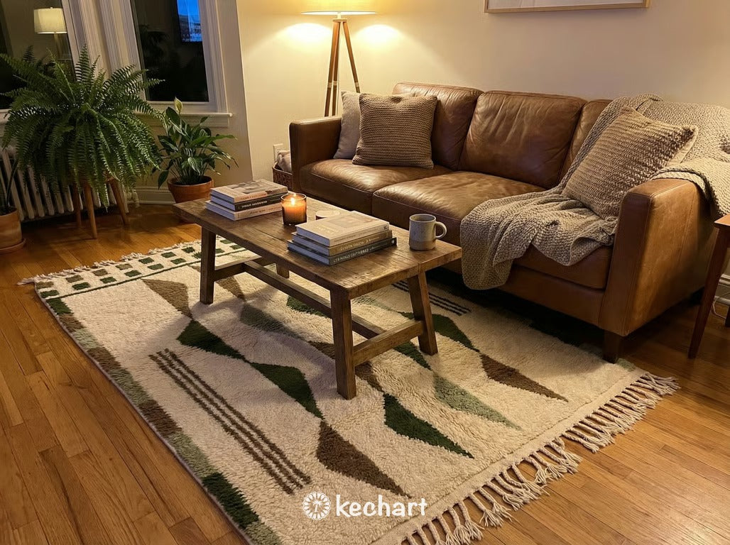 Custom Beni Ourain Moroccan Rug - Plush Wool, Olive & Sage Diamonds