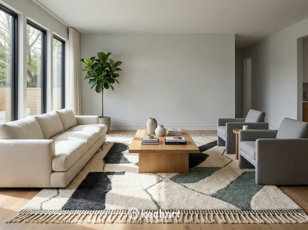 Close-up detail shot of the hand-knotted Atlas wool texture on a custom Beni Ourain rug, highlighting the thick pile and the natural variation in the cream and silver pine yarns.