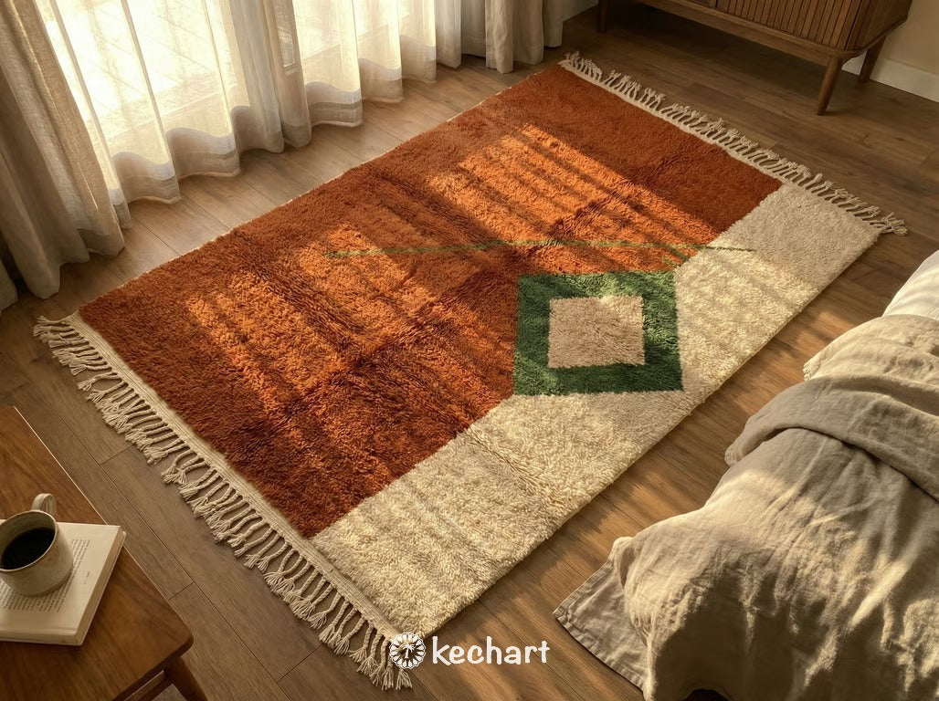 Custom Size Beni Ourain Rug - Handwoven Moroccan Wool, Rust & Beige Diamonds