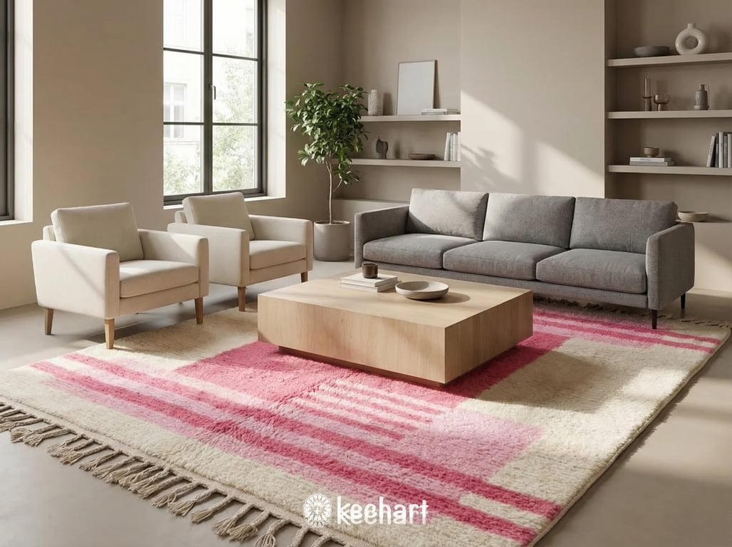 Alt text for room view 1 (describe rug in a styled room, e.g. 'Moroccan Area Rug in Modern Living Room with White Sofa')