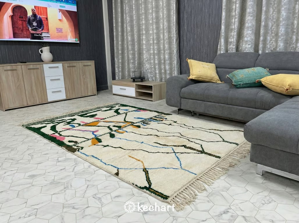 Custom Geometric Beni Ourain Rug - Made to Order Moroccan Wool in Blue & Gold