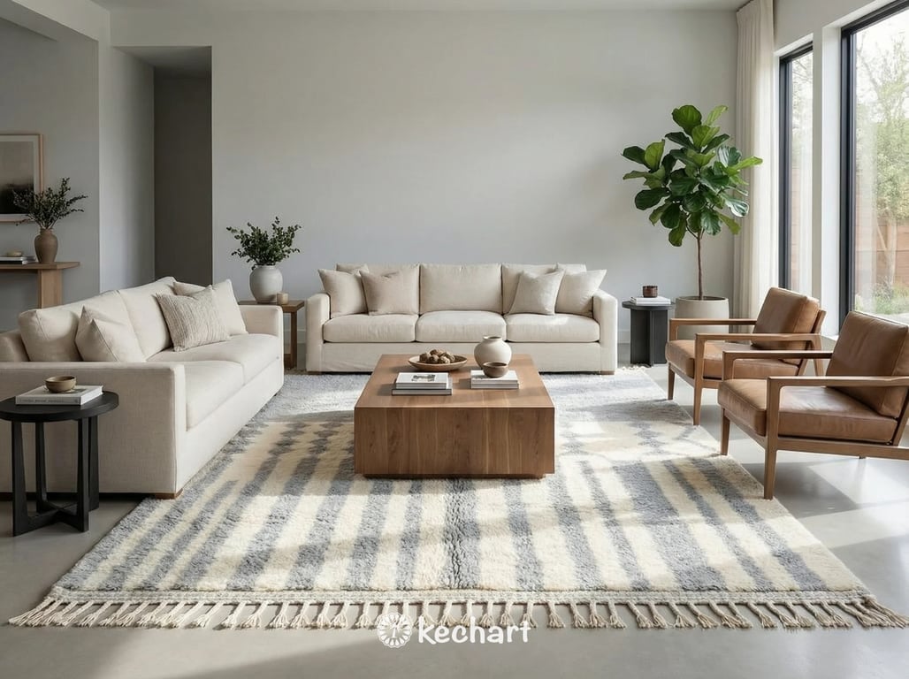 Plush handmade Beni Ourain shag rug in grey geometric design placed beneath a bed in a soothing, bohemian style master bedroom.